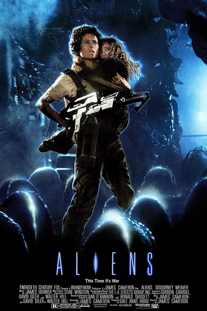 Aliens 1986 movie poster featuring Ripley and Newt