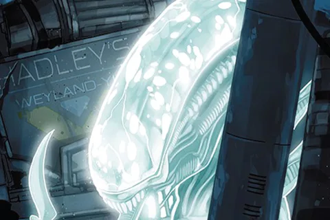 Phil Noto cover for Aliens: Aftermath, with a glowing irradiated Xenomorph in the ruins of Hadley's Hope