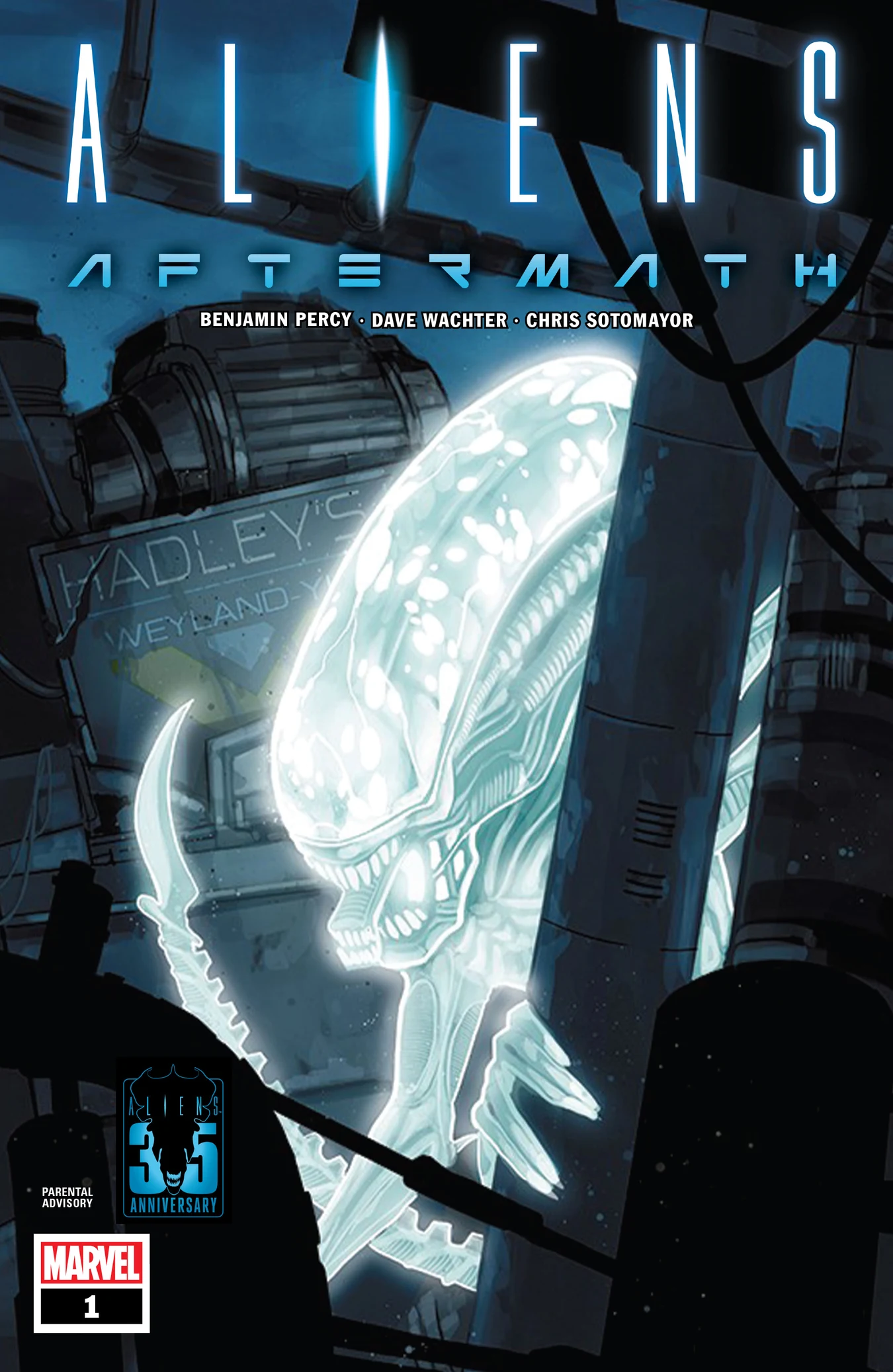 Phil Noto cover for Aliens: Aftermath, with a glowing irradiated Xenomorph in the ruins of Hadley's Hope