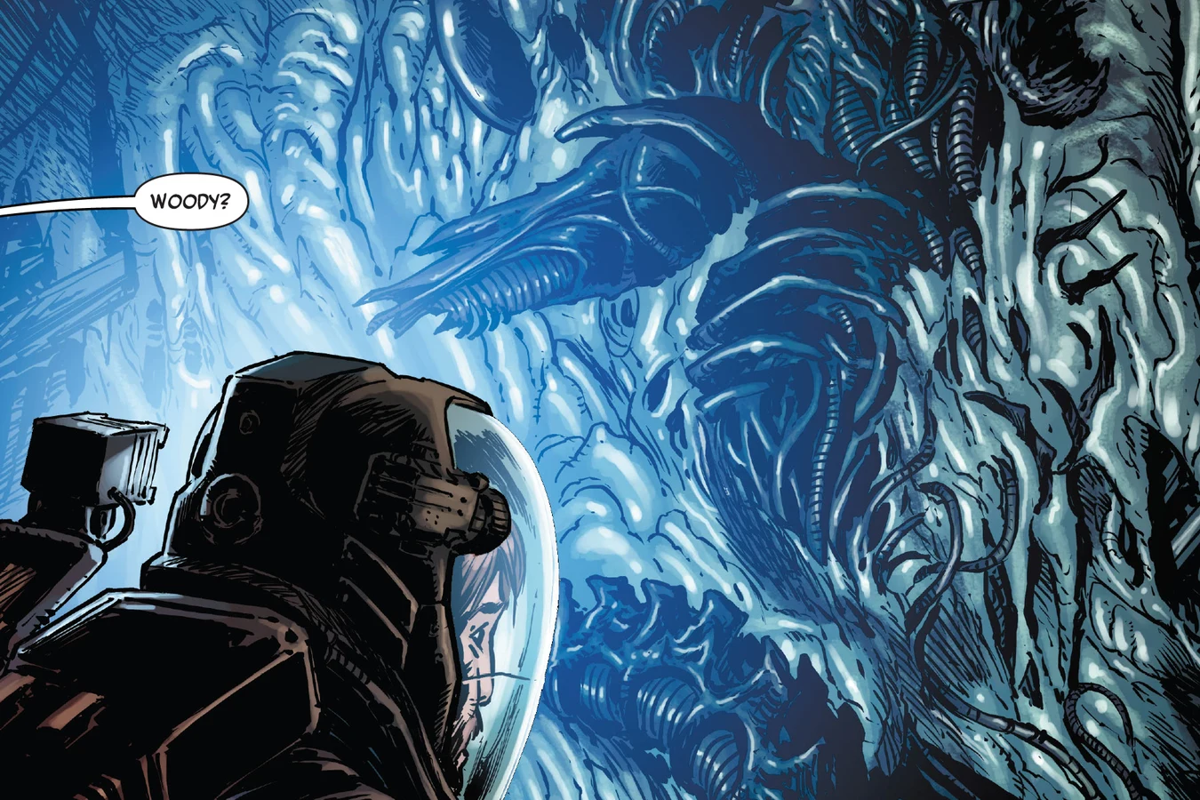 An explorer's helmet lamp lights a Xenomorph fused into pale hive resin inside Hadley's Hope in Aliens: Aftermath