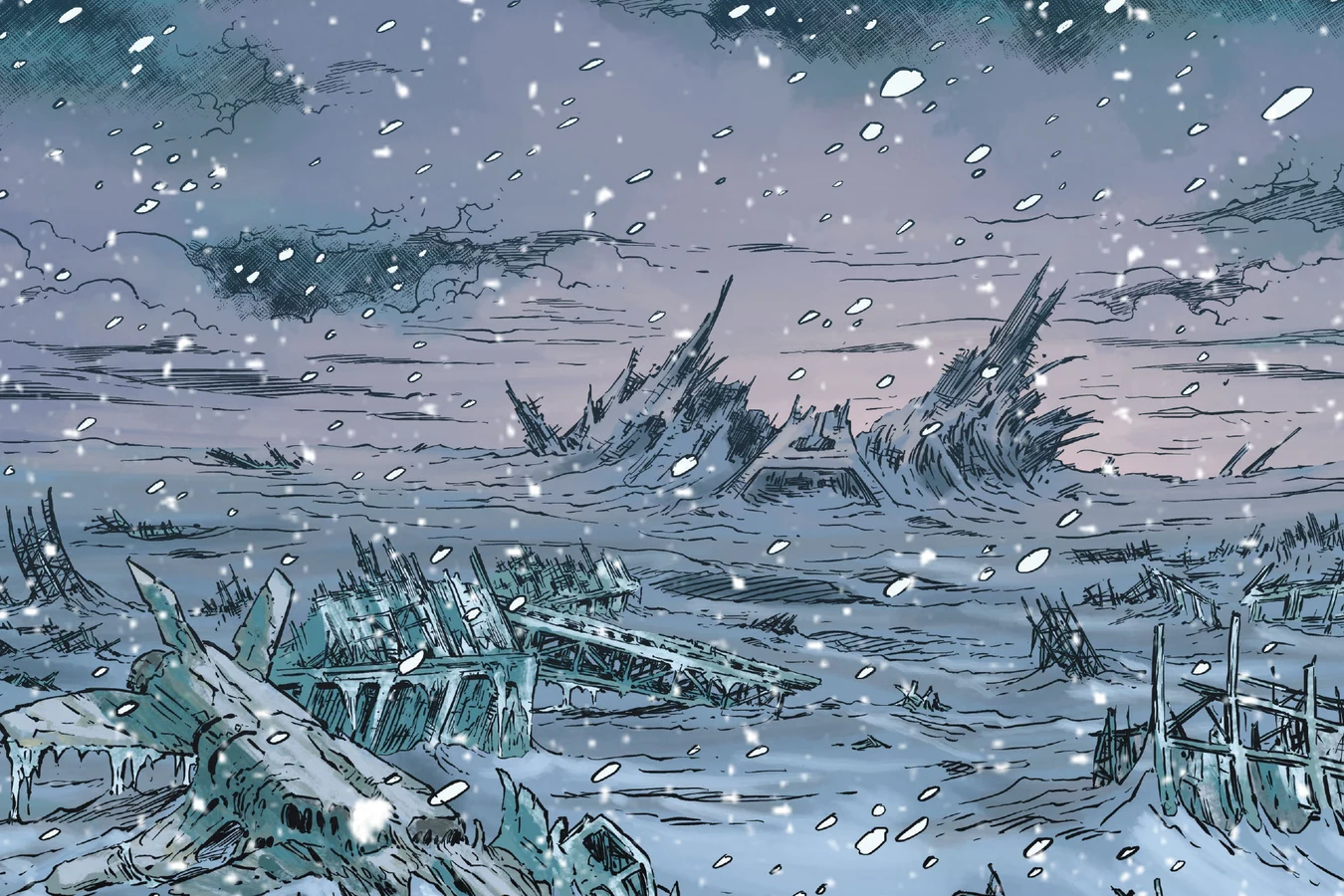 Three suited explorers walk through snow toward the ruined towers of Hadley's Hope on LV-426 in Aliens: Aftermath