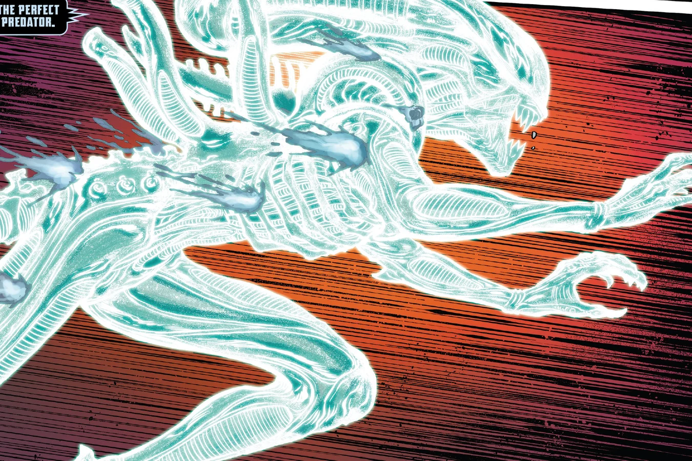 An irradiated Xenomorph leaps through pulse-rifle fire inside Hadley's Hope in Aliens: Aftermath