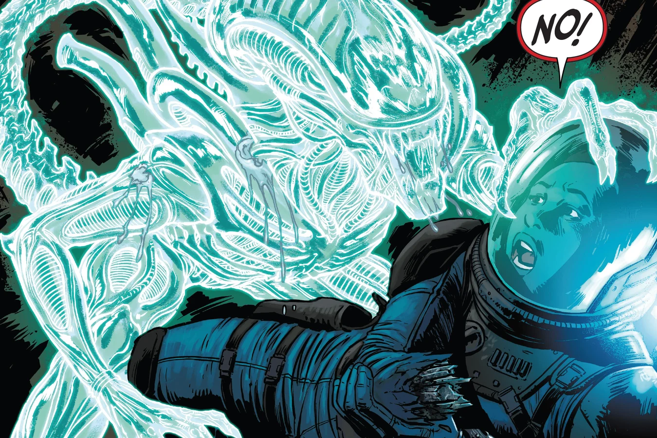 An irradiated Xenomorph pins Lela Rosewood to the deck as her frozen arm shatters in Aliens: Aftermath
