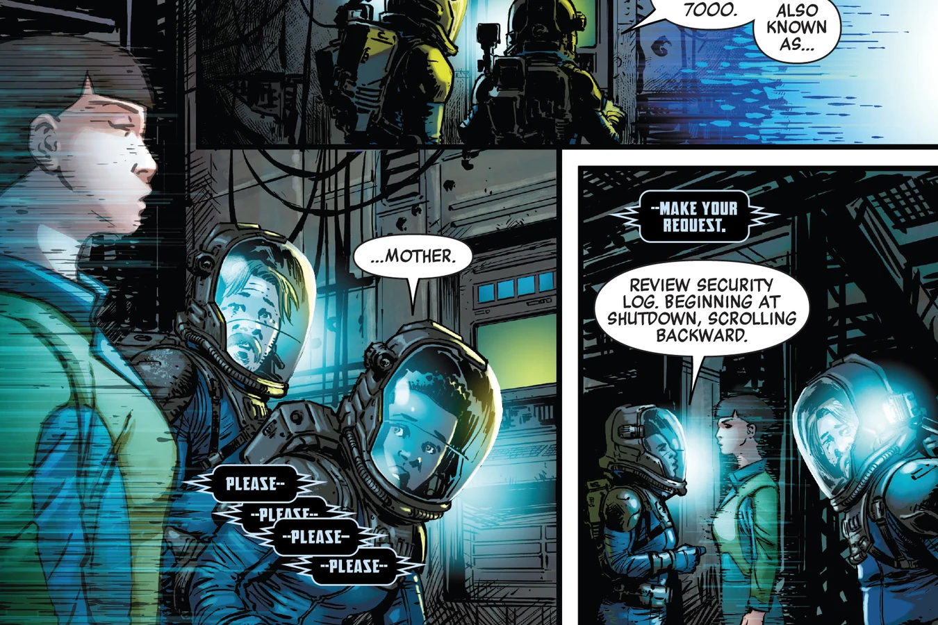 Lela and Woody stand before a blue MU-TH-UR 7000 hologram inside Hadley's Hope in Aliens: Aftermath