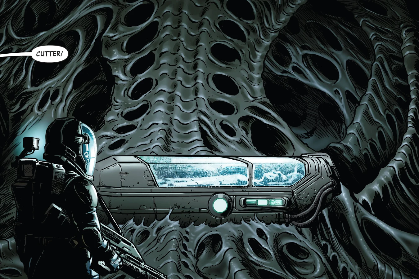 Cutter stands before a cryostasis pod holding Patient Zero inside resin-coated sublevels of Hadley's Hope in Aliens: Aftermath