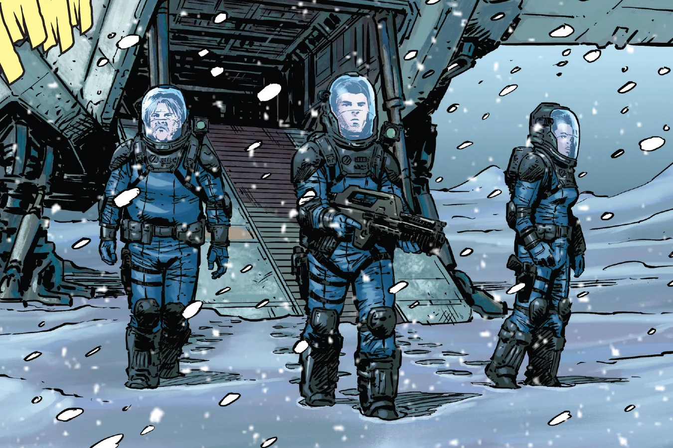 Cutter, Lela, and Woody in pressure suits leave their landed ship on the snow of LV-426 in Aliens: Aftermath