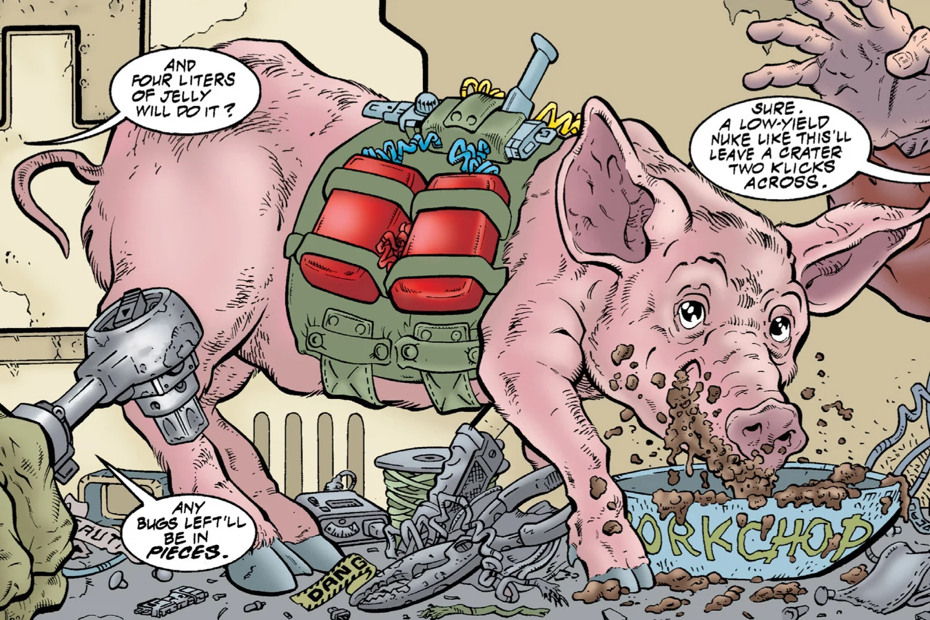 Porkchop fitted with an explosive harness in Aliens: Pig