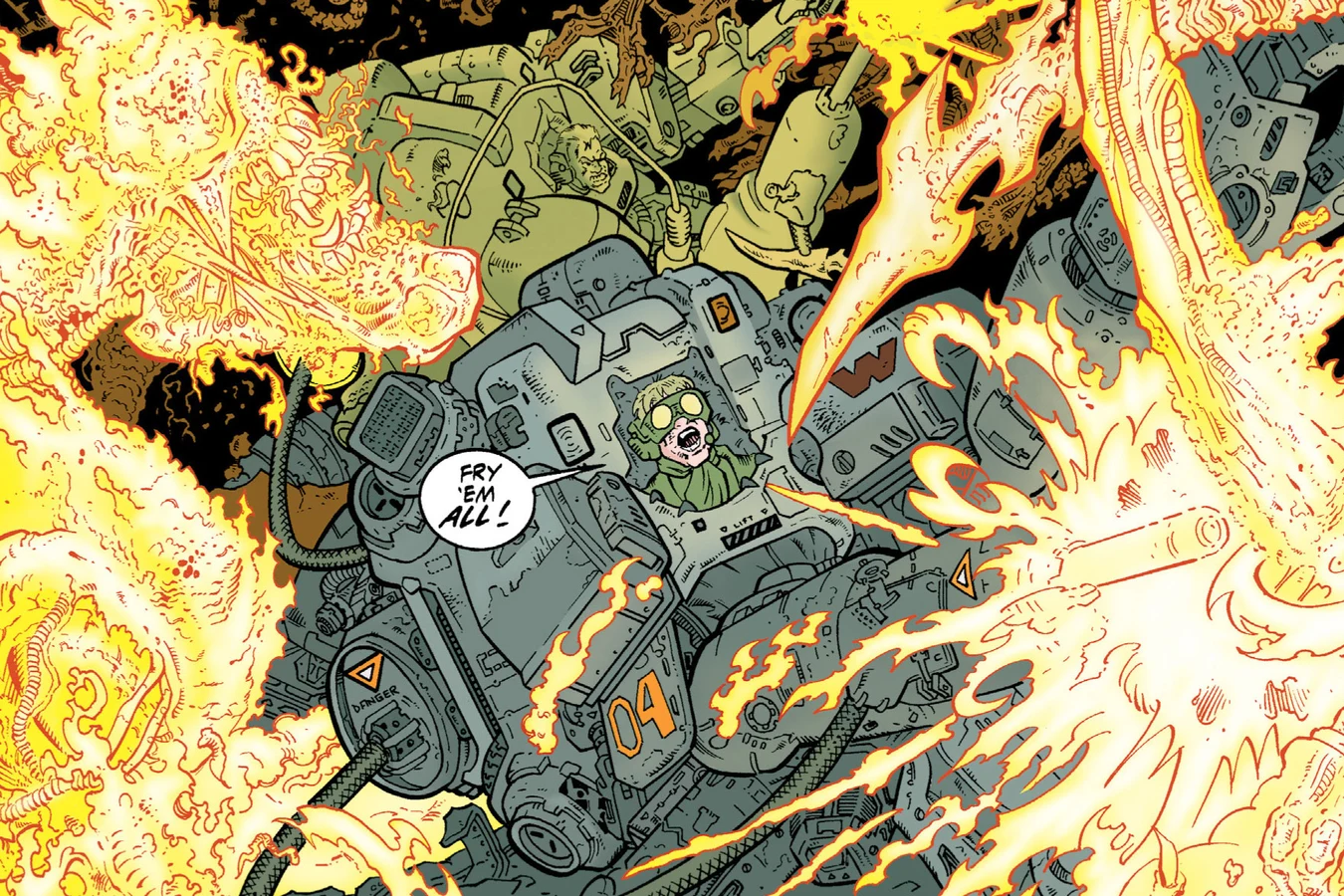 An armored suit burning Xenomorphs in Aliens: Pig