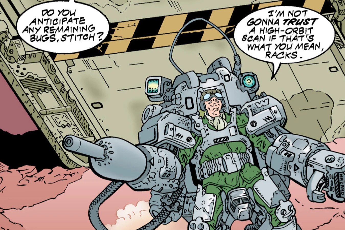 An armored suit on the surface beside the Wanderer in Aliens: Pig