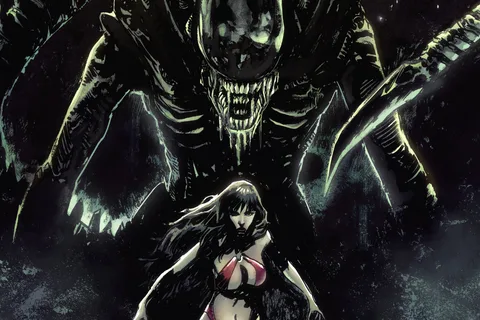 Gabriel Hardman's cover for Aliens/Vampirella #1, Vampirella walking through a field of Xenomorph eggs as a Xenomorph rises behind her in front of a pale moon