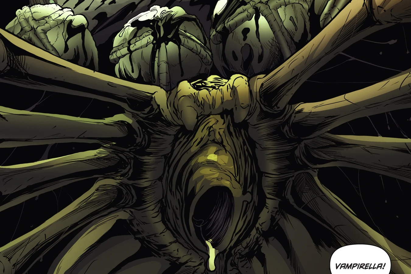 The underside of a Facehugger among the eggs, from Vampirella's vision as voices call her name