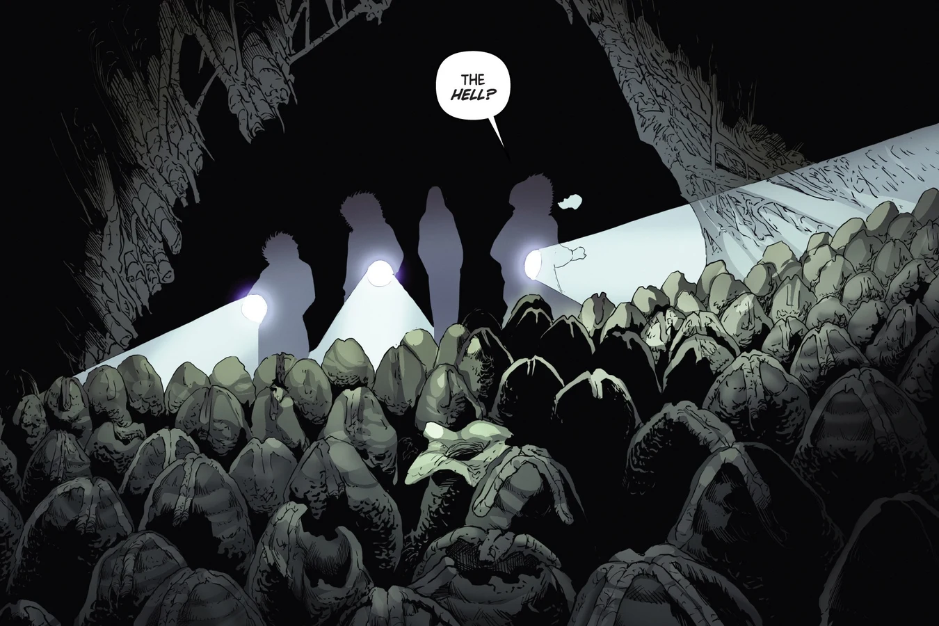 The colonists, silhouetted behind their flashlights, at the edge of a chamber packed with Xenomorph eggs as one of them asks what the hell they have found