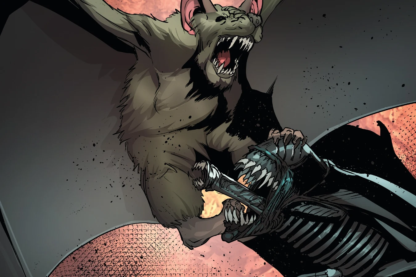 The Nosferatu in giant bat form clutching the winged Queen's head and jaws above the surface of Mars