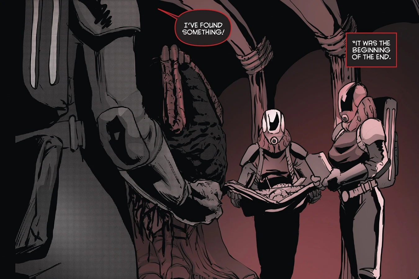 Two Nosferatu Water Diviners in pressure suits carrying a find on a tray past the body of a giant in the alien ruins, in red-tinted flashback art