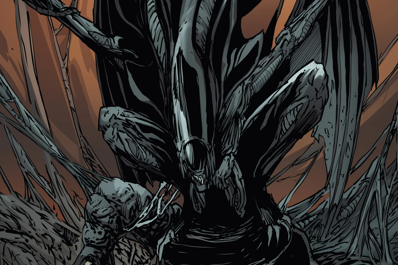 The winged Xenomorph Queen crouching over her eggs among the greenhouse trees