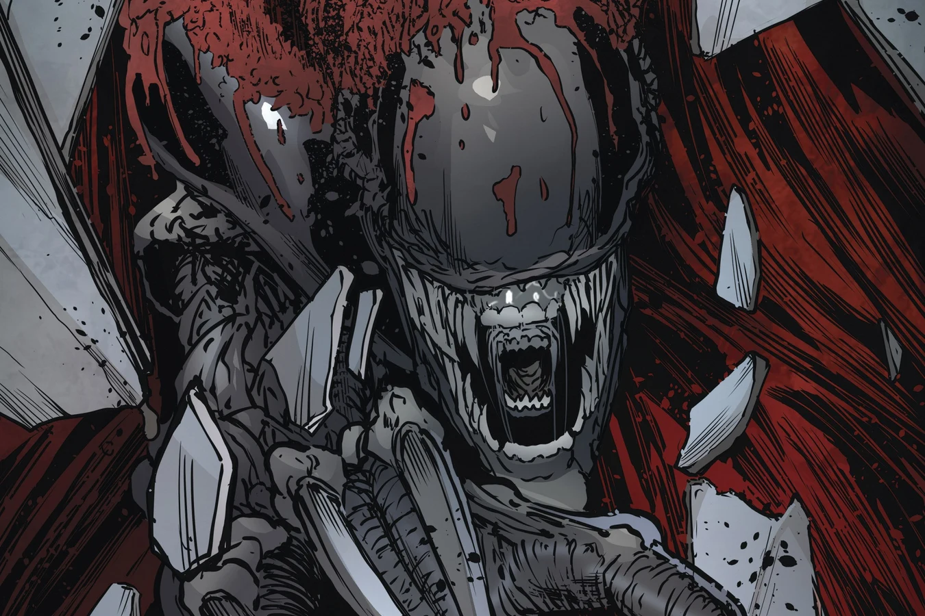 A Xenomorph smeared with blood bursting out of the shattered blood vat in the Nosferatu base