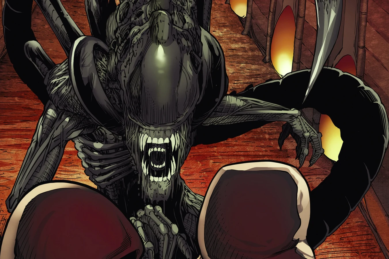 A Xenomorph with its tail raised looming over two hooded Nosferatu in the red halls of their base on Mars