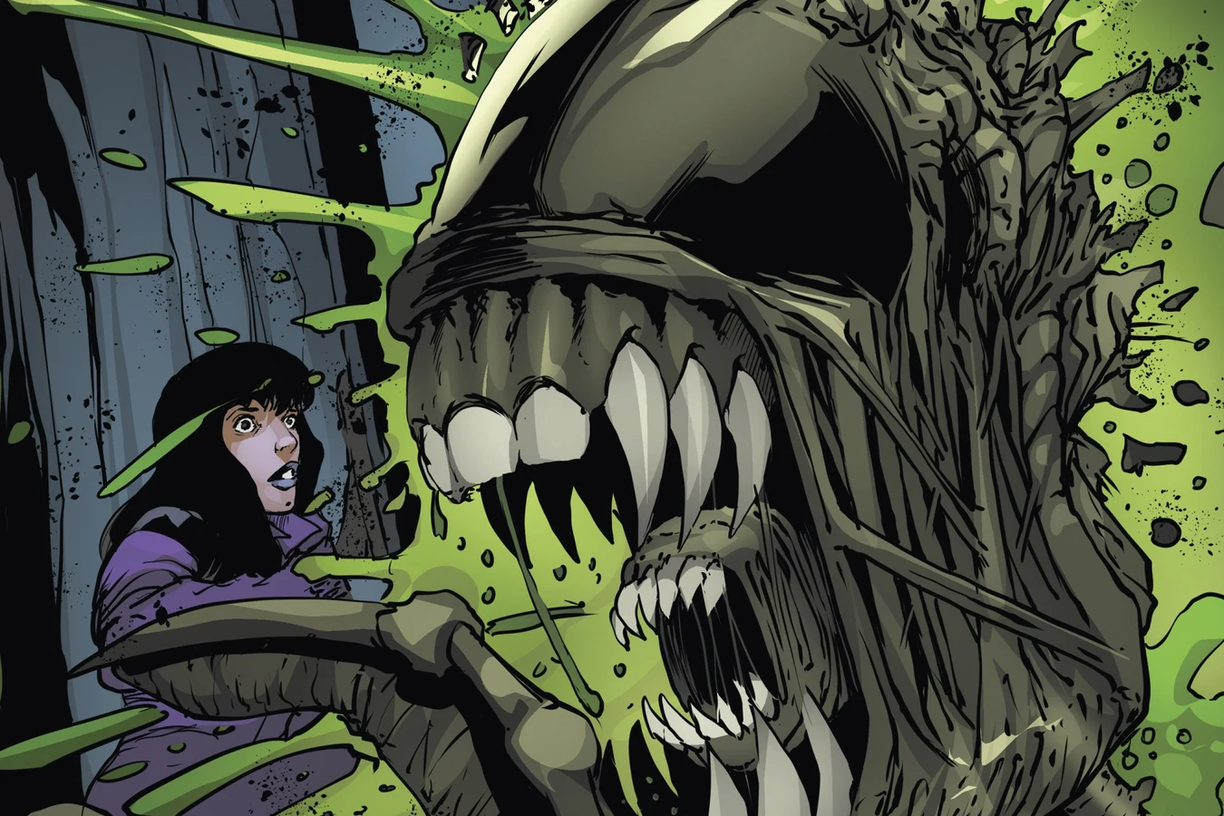 A Xenomorph's head caught in the sleeping chamber door, spraying green acid as Vampirella looks on behind it