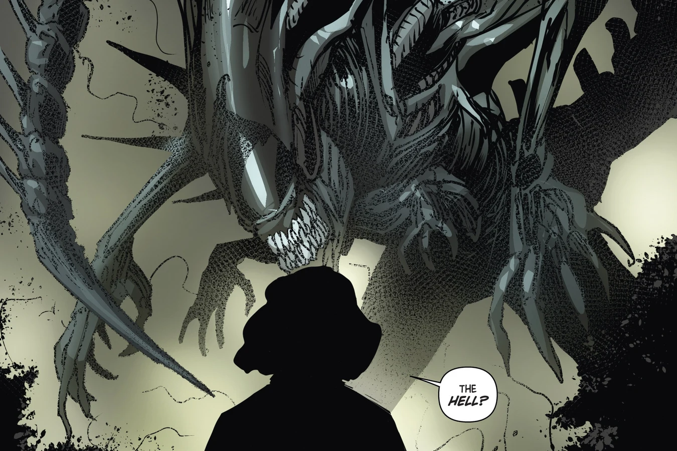 A Xenomorph rising over Marta, seen in silhouette, in the colony greenhouse as she asks what the hell it is