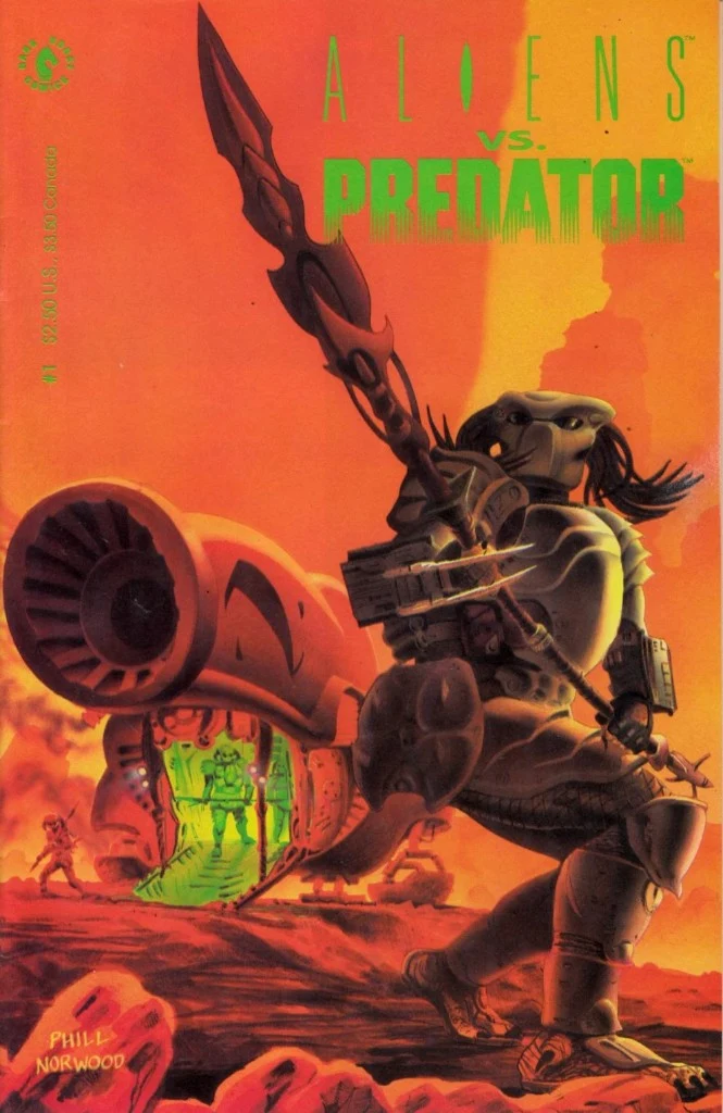 Phill Norwood's cover for Aliens vs. Predator #1, a hunter with a spear in front of a ship