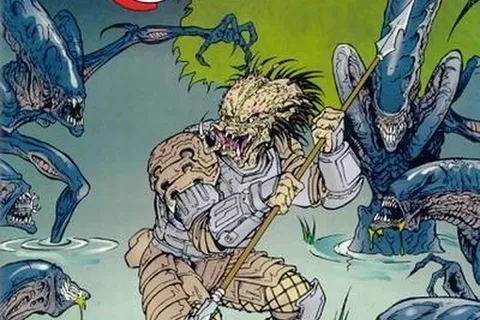 Dark Horse Comics #25 cover, a young hunter with a spear facing Xenomorphs in the swamp