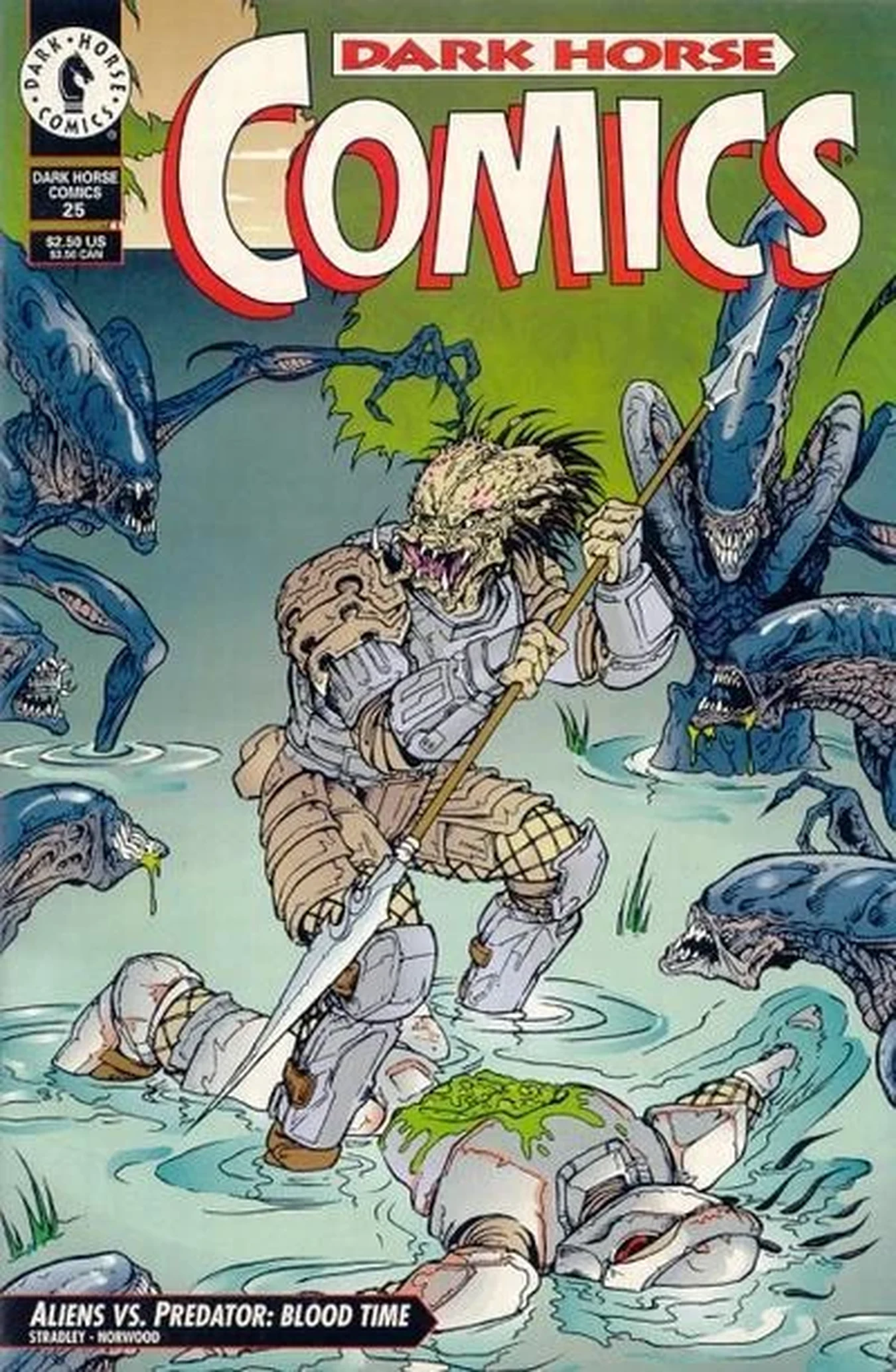 Dark Horse Comics #25 cover, a young hunter with a spear facing Xenomorphs in the swamp