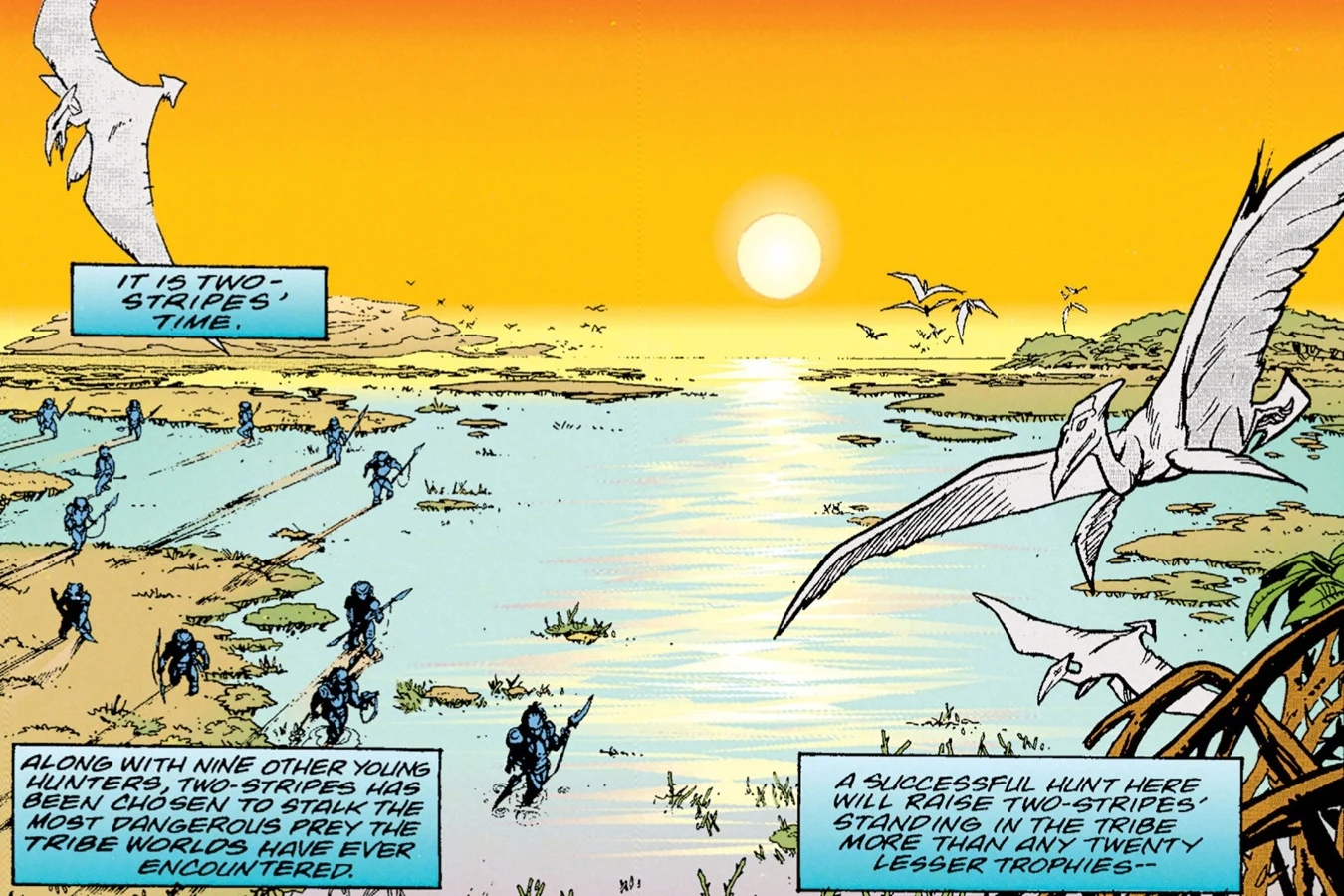 Young hunters wading a marsh at sunset, with flying reptiles overhead