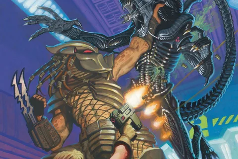Den Beauvais's cover for Aliens vs. Predator: Booty, a Yautja fighting a Xenomorph over a woman on the deck