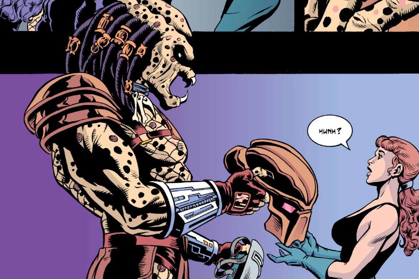 An unmasked Yautja offering a bio-mask to Evie