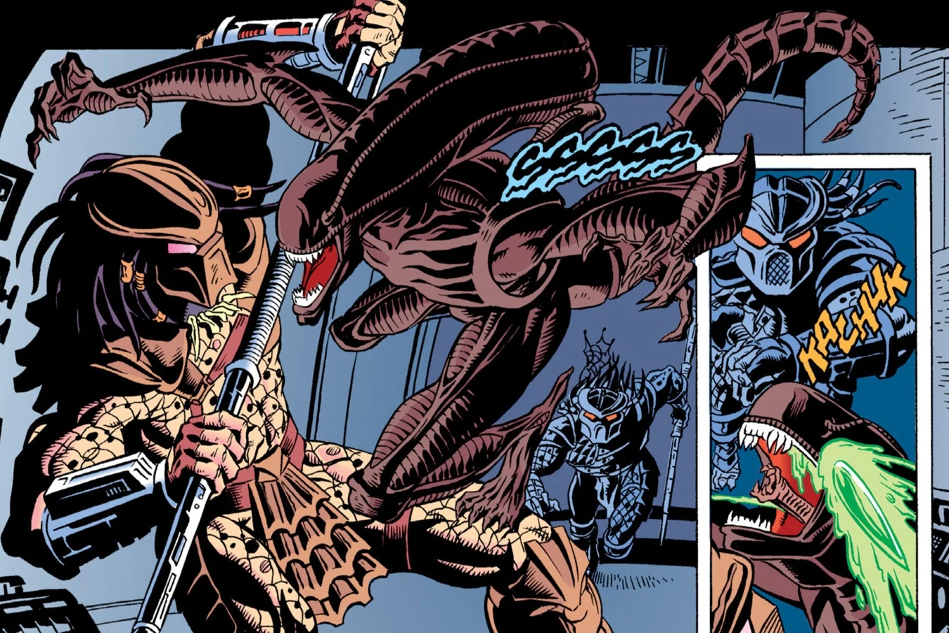 A Yautja hunter fighting a Xenomorph with a spear while acid sprays