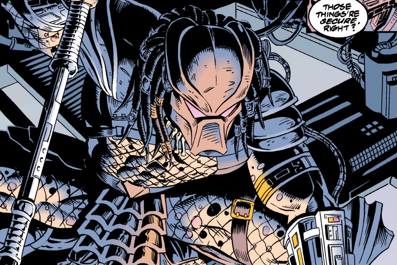 A Yautja hunter in the cargo bay while the crew checks the cages