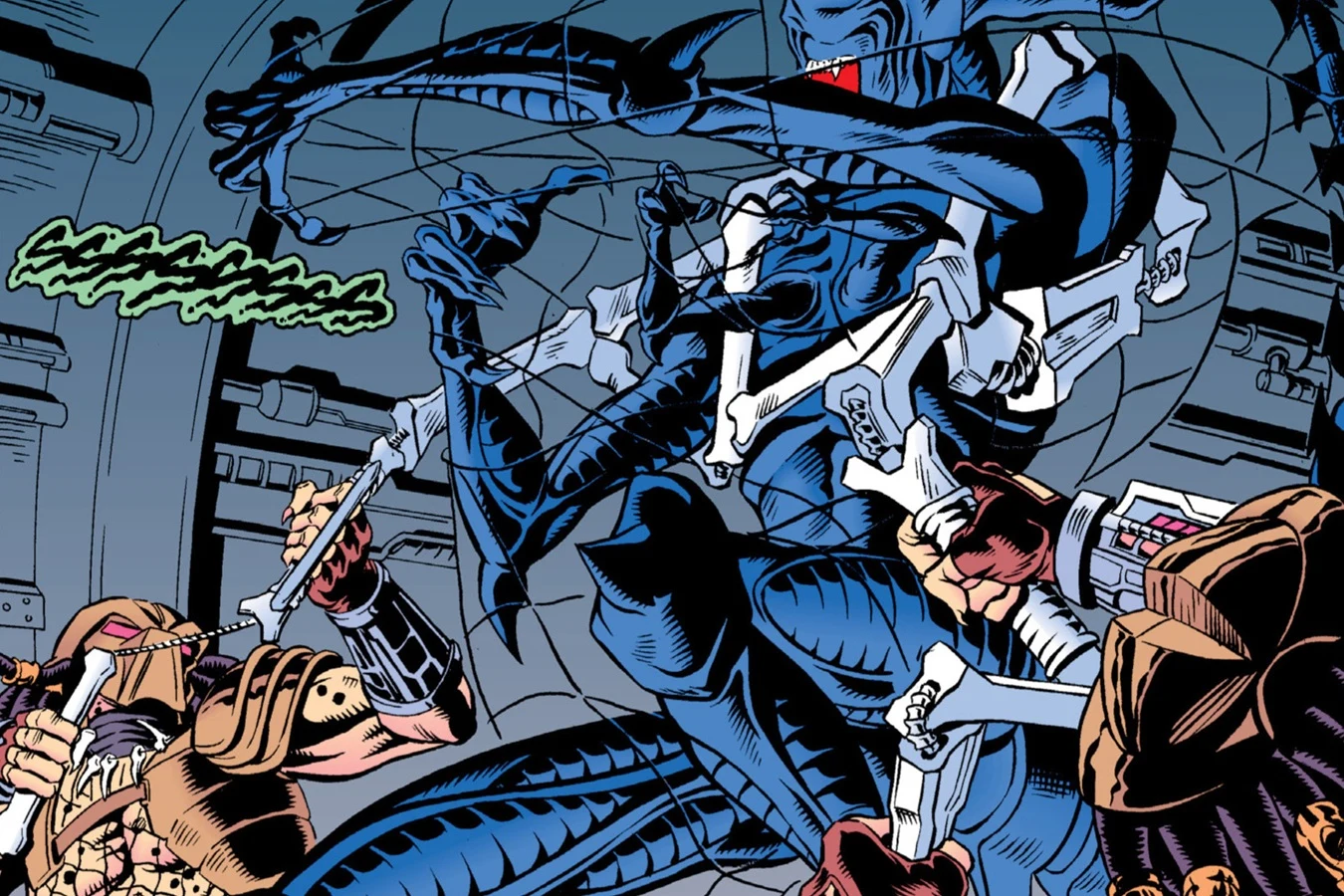 Two Yautja hunters holding a netted Xenomorph Queen between them
