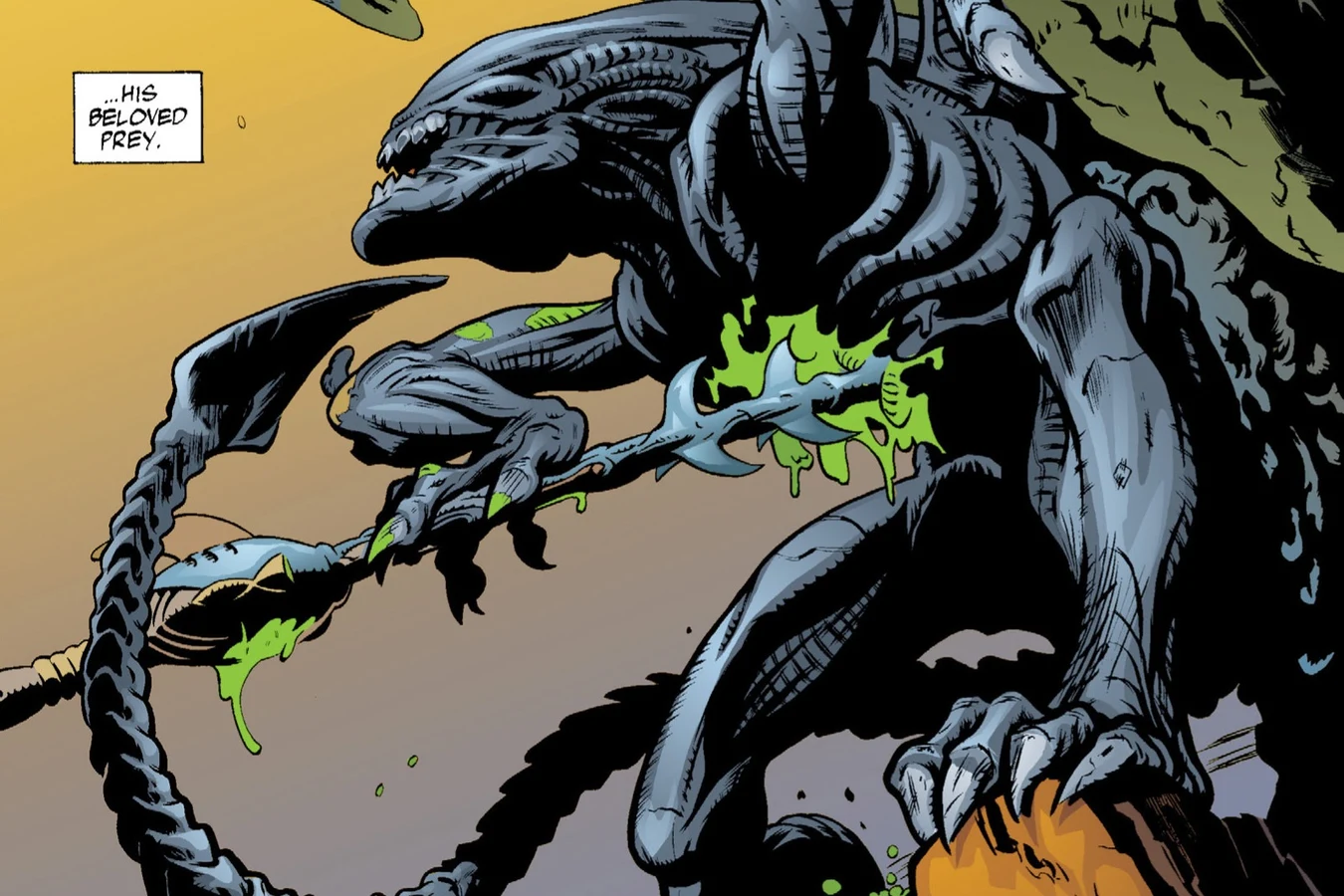 An adult Xenomorph impaled on a spear, with acid running from the wound