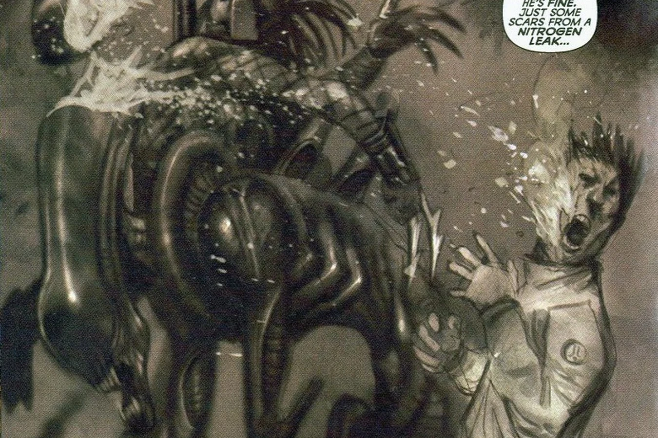 An adult Xenomorph sprays acid into a crewman's face aboard the derelict