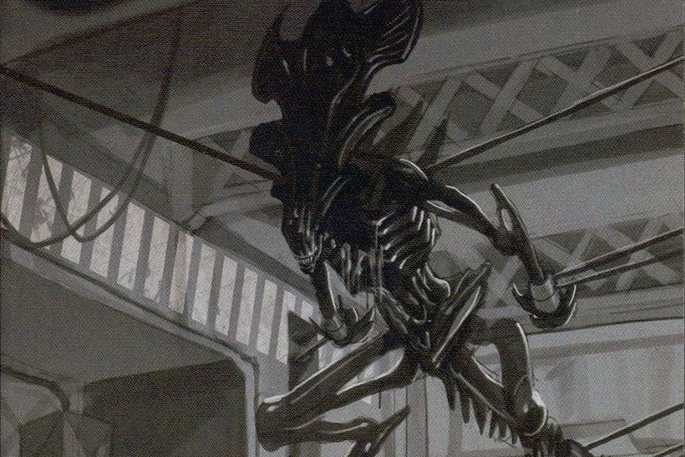A Xenomorph Queen stands held by cables in a ship bay in Aliens vs. Predator: Deadspace