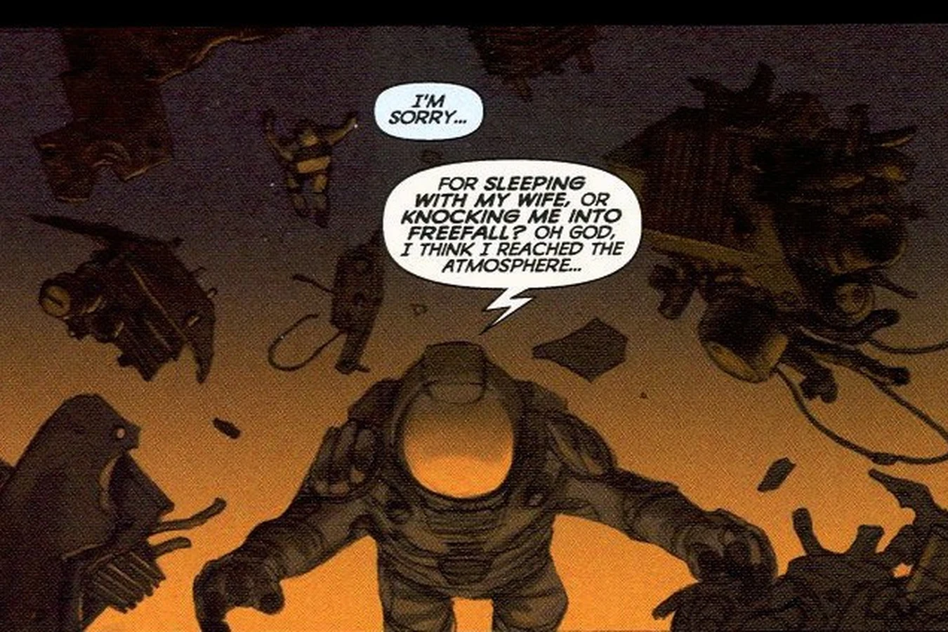 Two astronauts fall among ship debris above a planet in Aliens vs. Predator: Deadspace