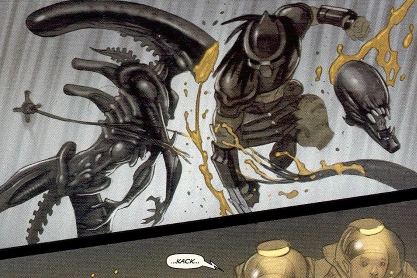 A Yautja hunter takes an adult Xenomorph's head off while two astronauts watch