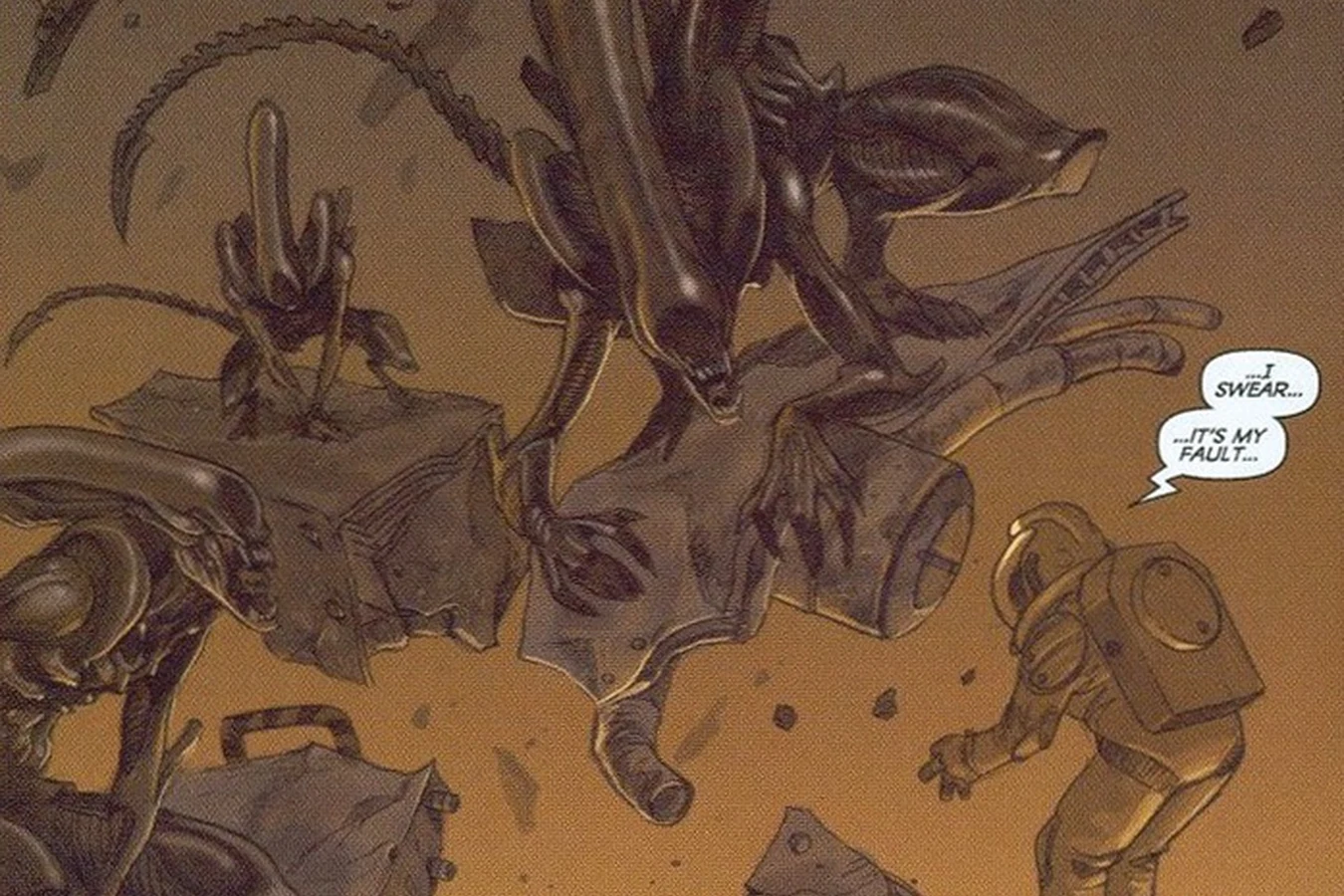 Three Xenomorphs close in on an astronaut among the wreckage of a destroyed ship