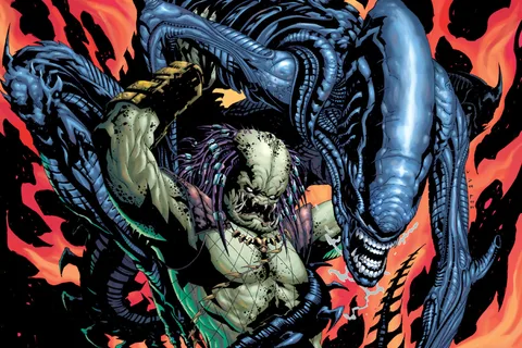 Jae Lee's title illustration for Aliens vs. Predator: Hell-Bent, a Yautja fighting a Xenomorph in fire