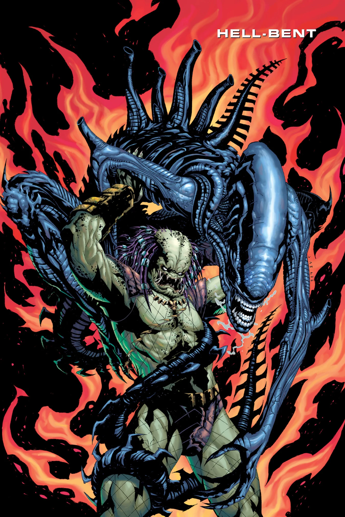 Jae Lee's title illustration for Aliens vs. Predator: Hell-Bent, a Yautja fighting a Xenomorph in fire
