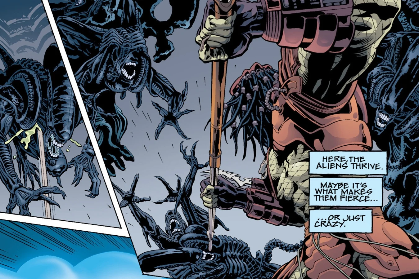 A Yautja hunter with a spear among Xenomorphs in the hive at station AS-3