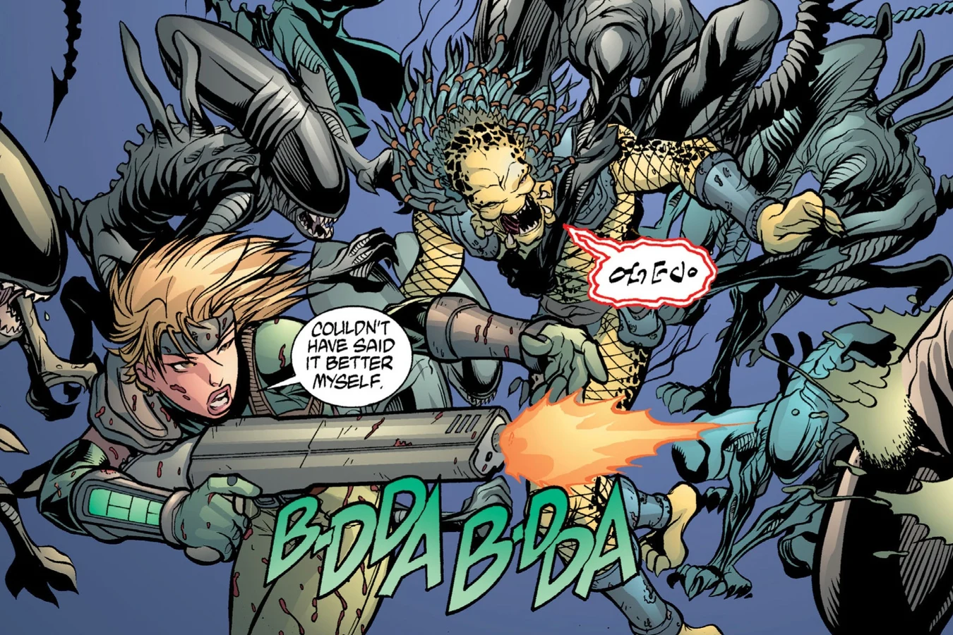 The smuggler firing while Xenomorphs swarm Lefty on the Outpost