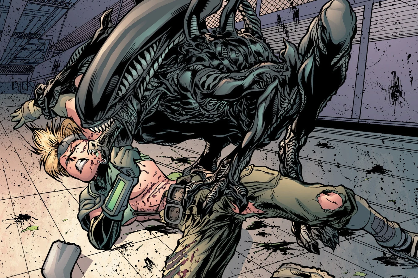 A Xenomorph pinning the smuggler on the floor of the Outpost