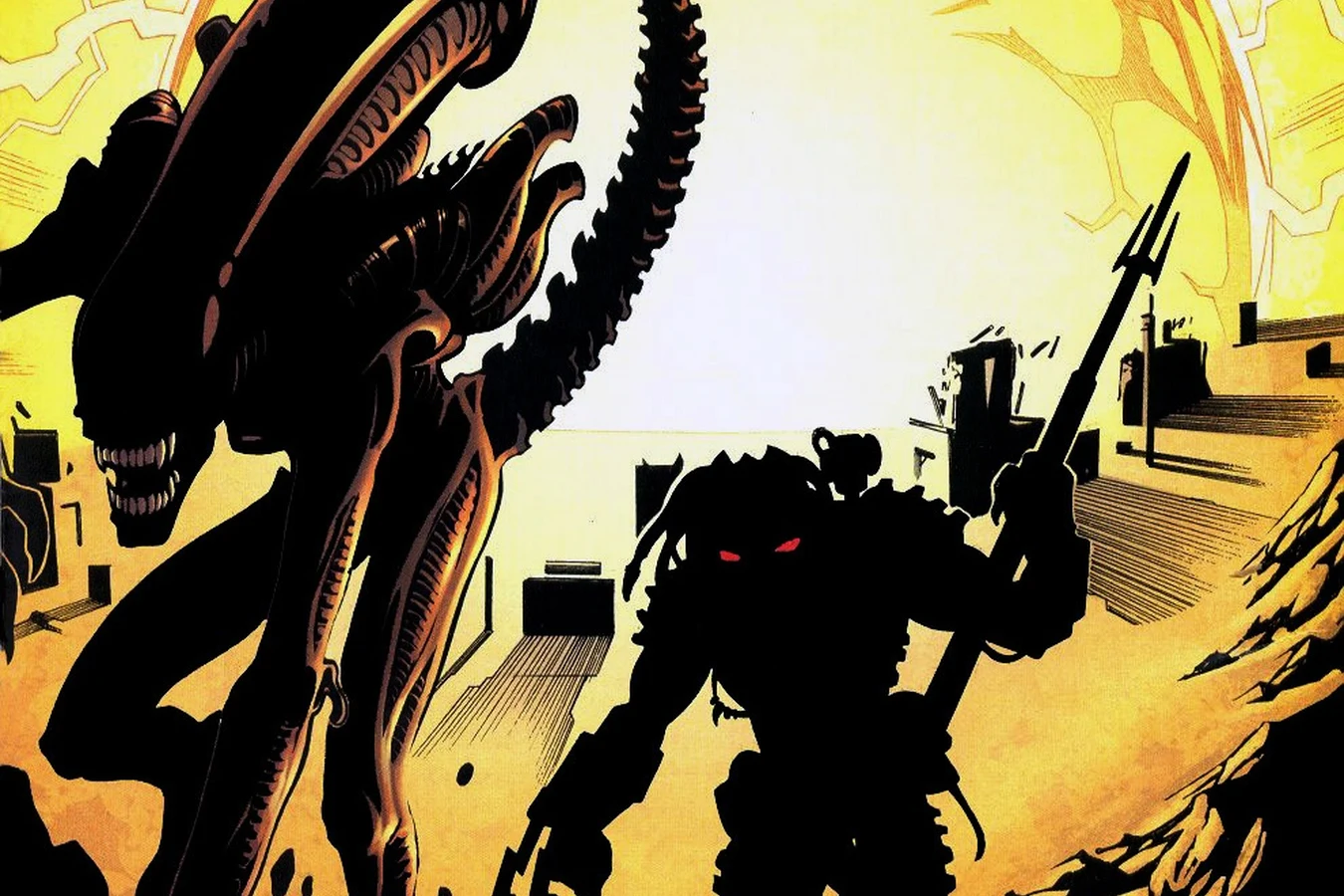 A Yautja hunter with a spear and an adult Xenomorph in the grenade blast over a desert town