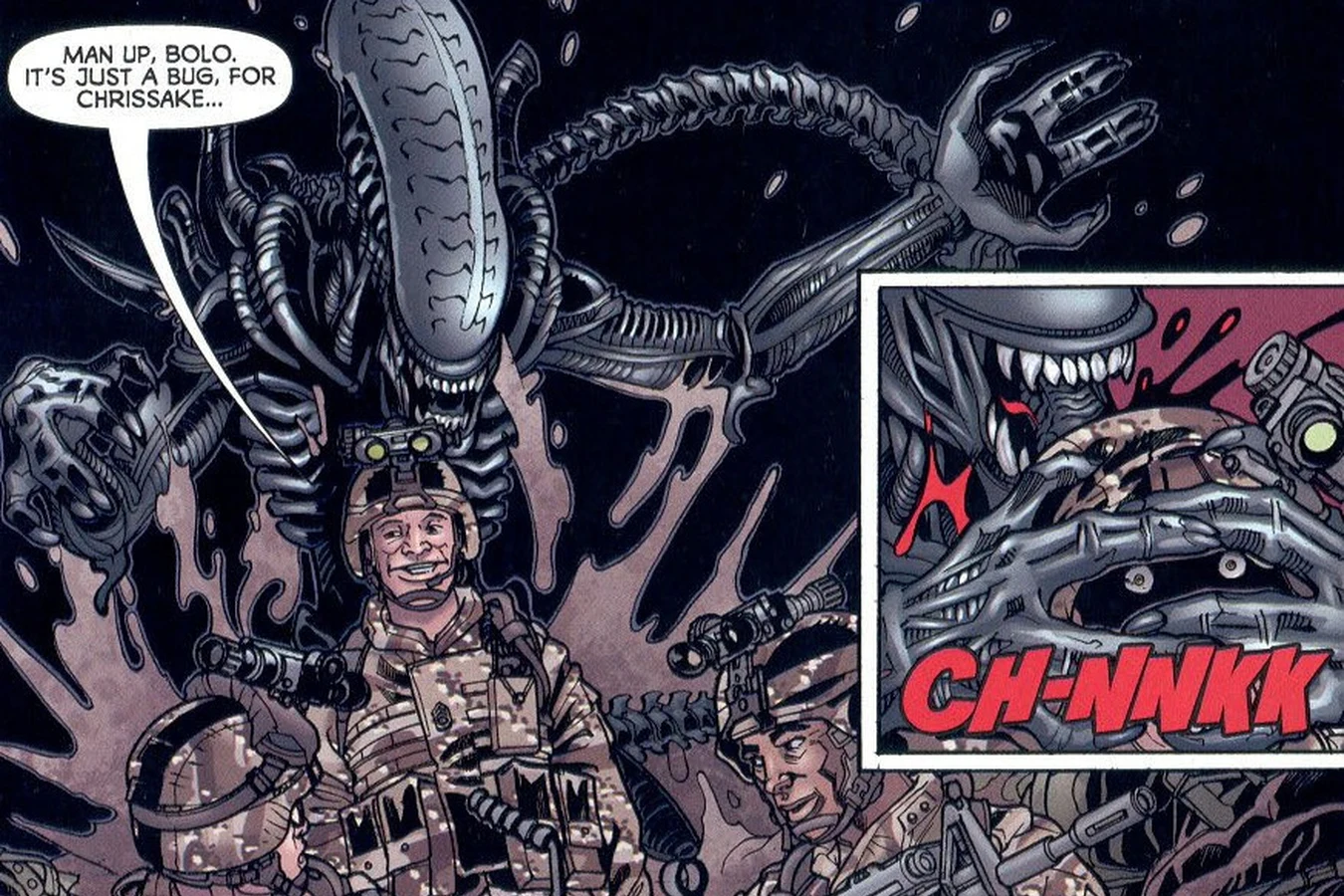 An adult Xenomorph looms over soldiers in a desert fighting pit