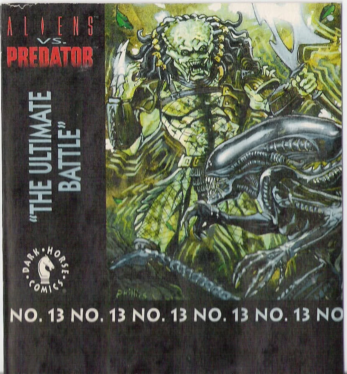 Joe Phillips's cover for Aliens vs. Predator: The Ultimate Battle, a Predator and a Xenomorph in the jungle