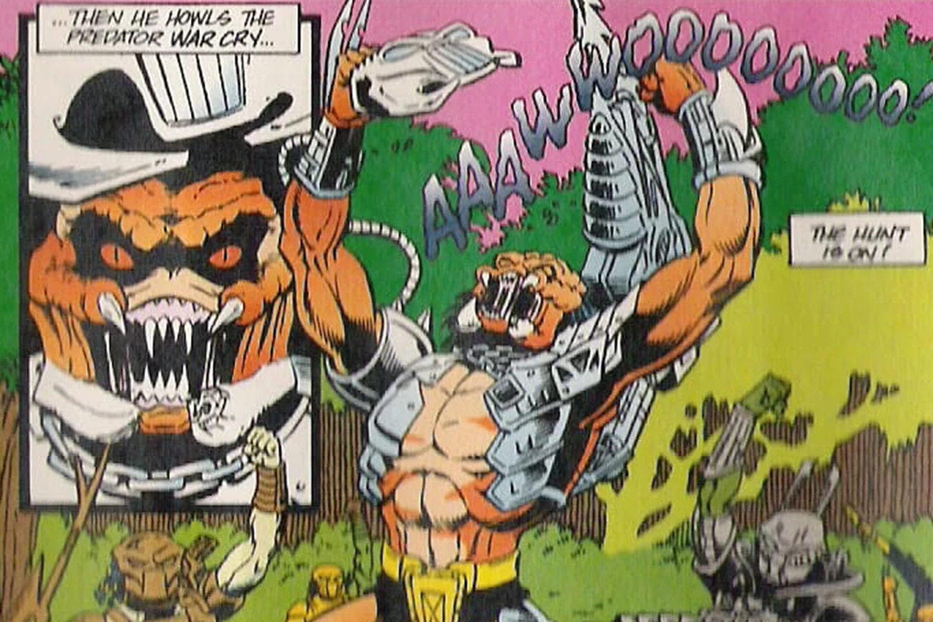 Cracked Tusk with both arms raised, howling the war cry in the jungle
