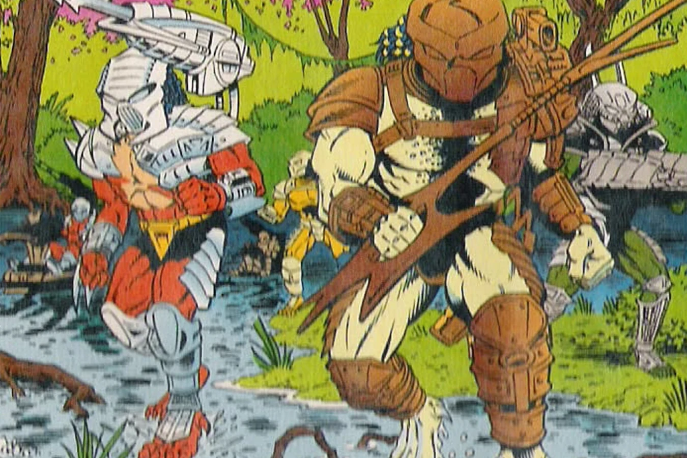 Renegade with a spear in swamp water, and a second hunter in red armor beside him