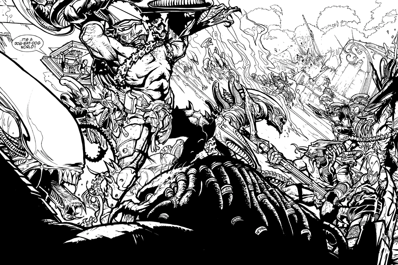 A Yautja hunter holding a Xenomorph overhead while the Herakles crew runs for the ship
