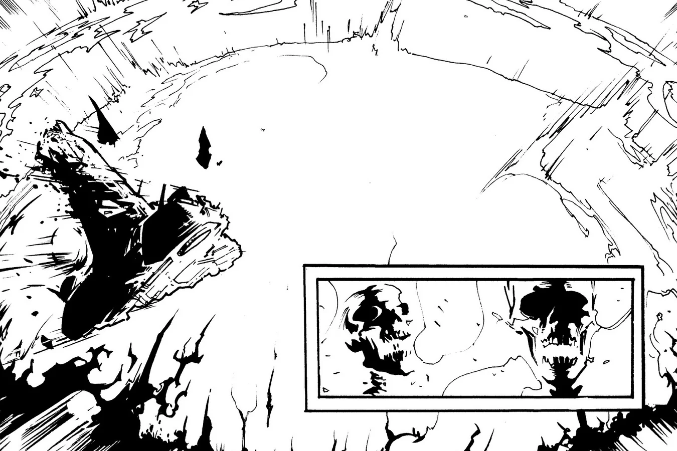 The Herakles torn apart in the neutron blast, with a human skull and a Yautja skull